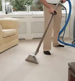 Professional carpet cleaner using a hot-water extraction wand and hose machine in a living room in Albany, NY.