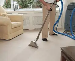 Carpet cleaning professional removing dirt and stains with a hot-water extraction tool in a home, Albany, NY.