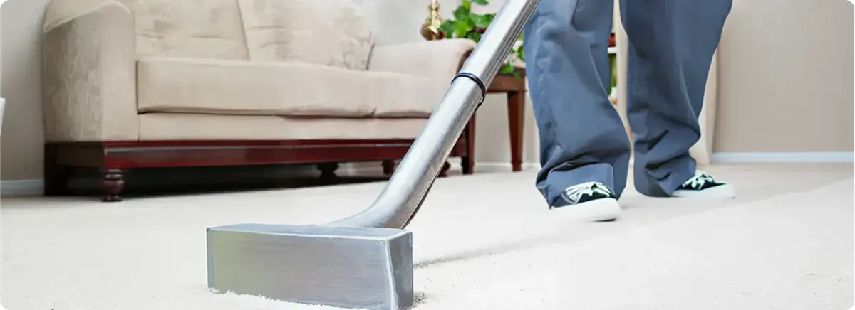 Carpet cleaning technician using a hot-water extraction wand on a light-colored carpet in a living room, Albany, NY.