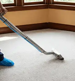 Steam carpet cleaning technician using a hot-water extraction wand on a residential carpet, wearing blue protective shoe covers Albany, NY.