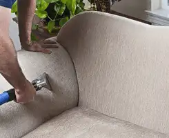 Professional upholstery cleaner deep-cleaning a fabric sofa with a handheld extraction tool and hose in Albany, NY.